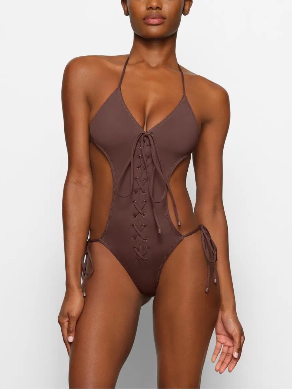 SKIMS Lace-up Monokini Brown One Piece Swimsuit, Size Large, NWT